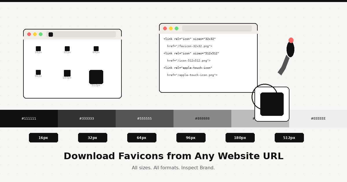 Editorial illustration showing browser windows with favicon icons in multiple sizes alongside color swatches and eyedropper tools, on an off-white background