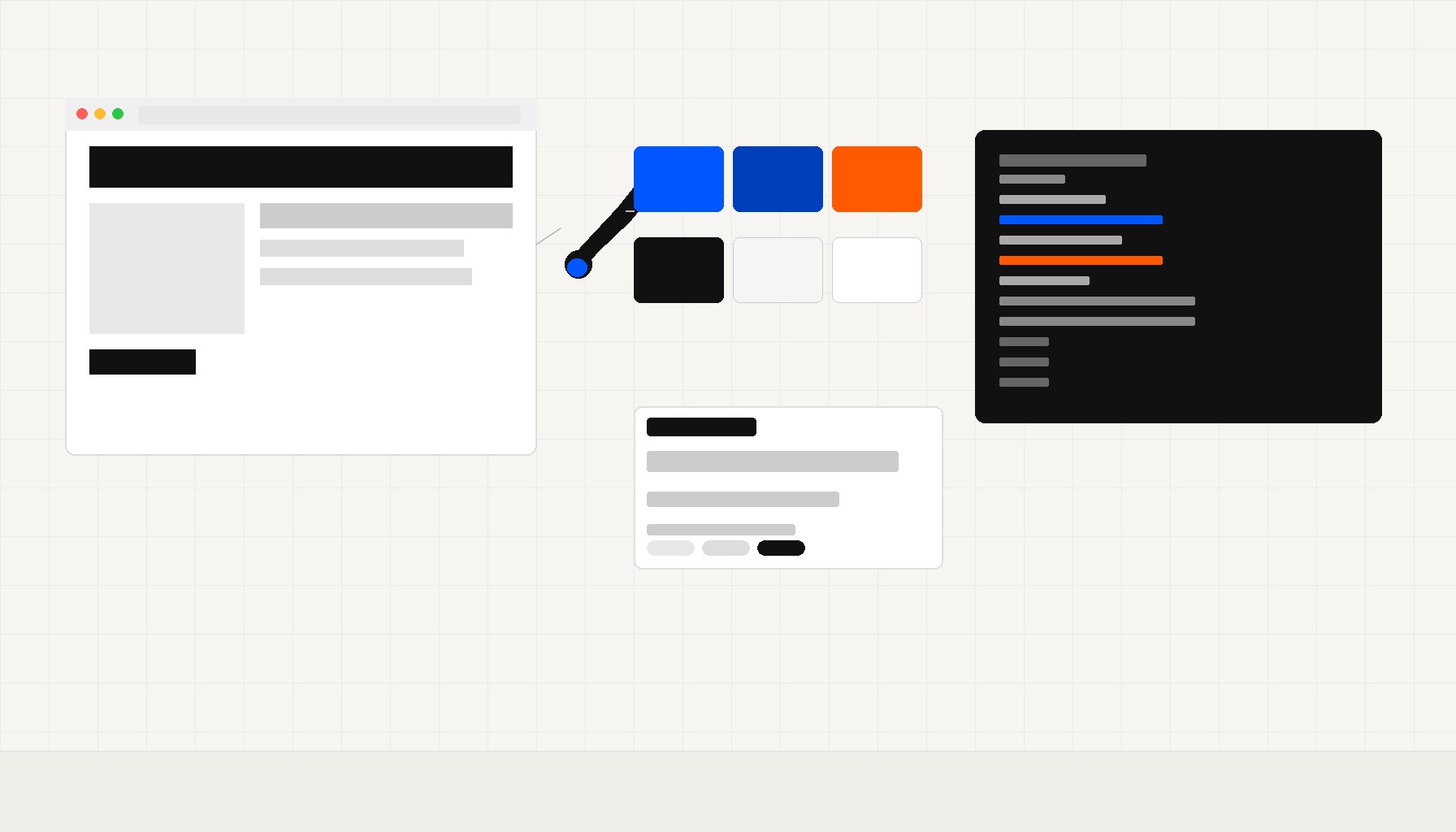 Editorial illustration of browser window with color swatches, eyedropper tool, and font specimens on off-white background