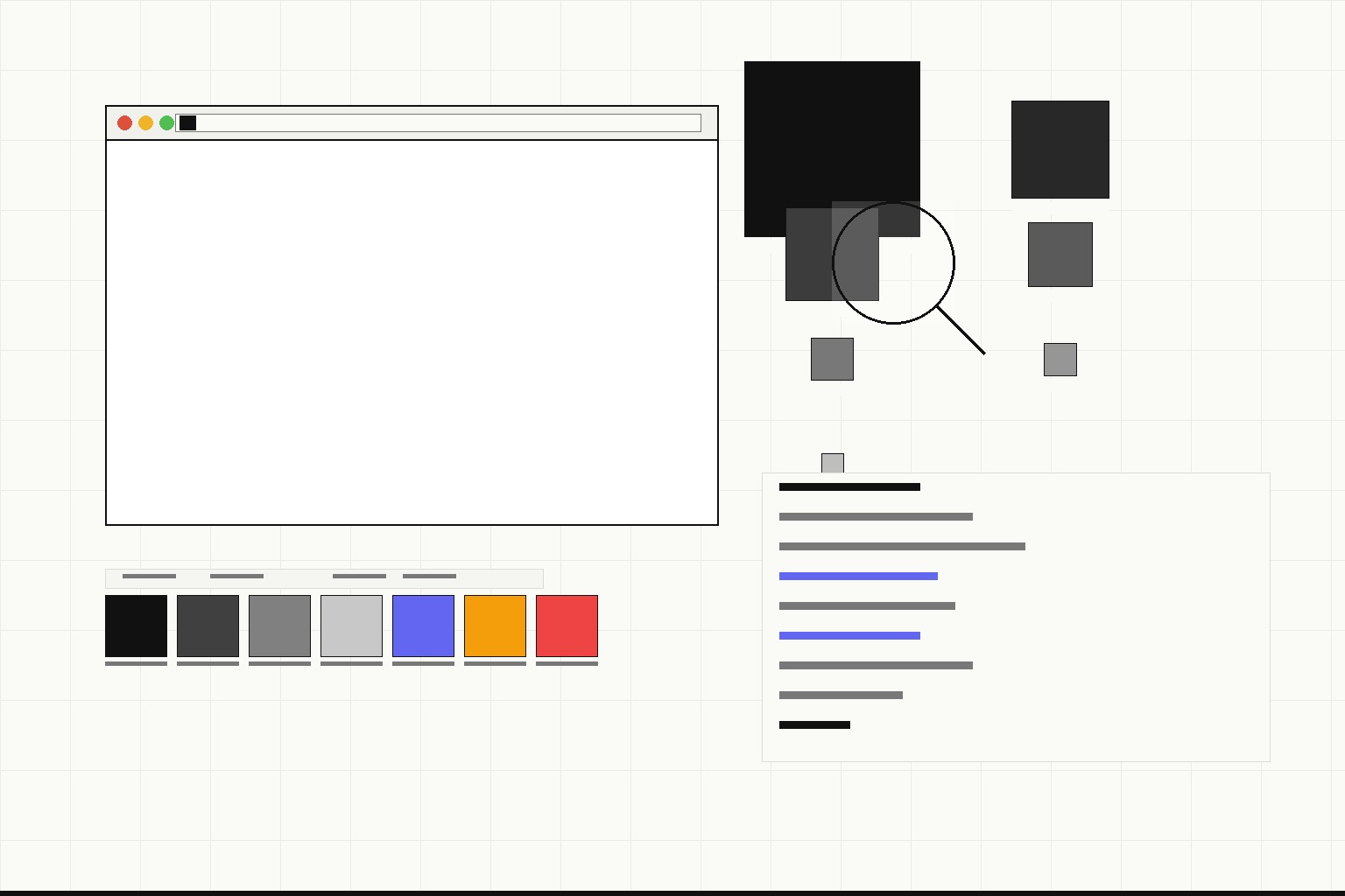 Editorial illustration showing browser tabs with favicon icons in multiple sizes, color swatches, and a magnifying glass, on an off-white background
