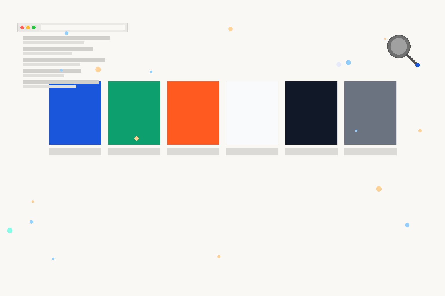 Editorial illustration of color swatches, eyedroppers, and website mockups on an off-white background