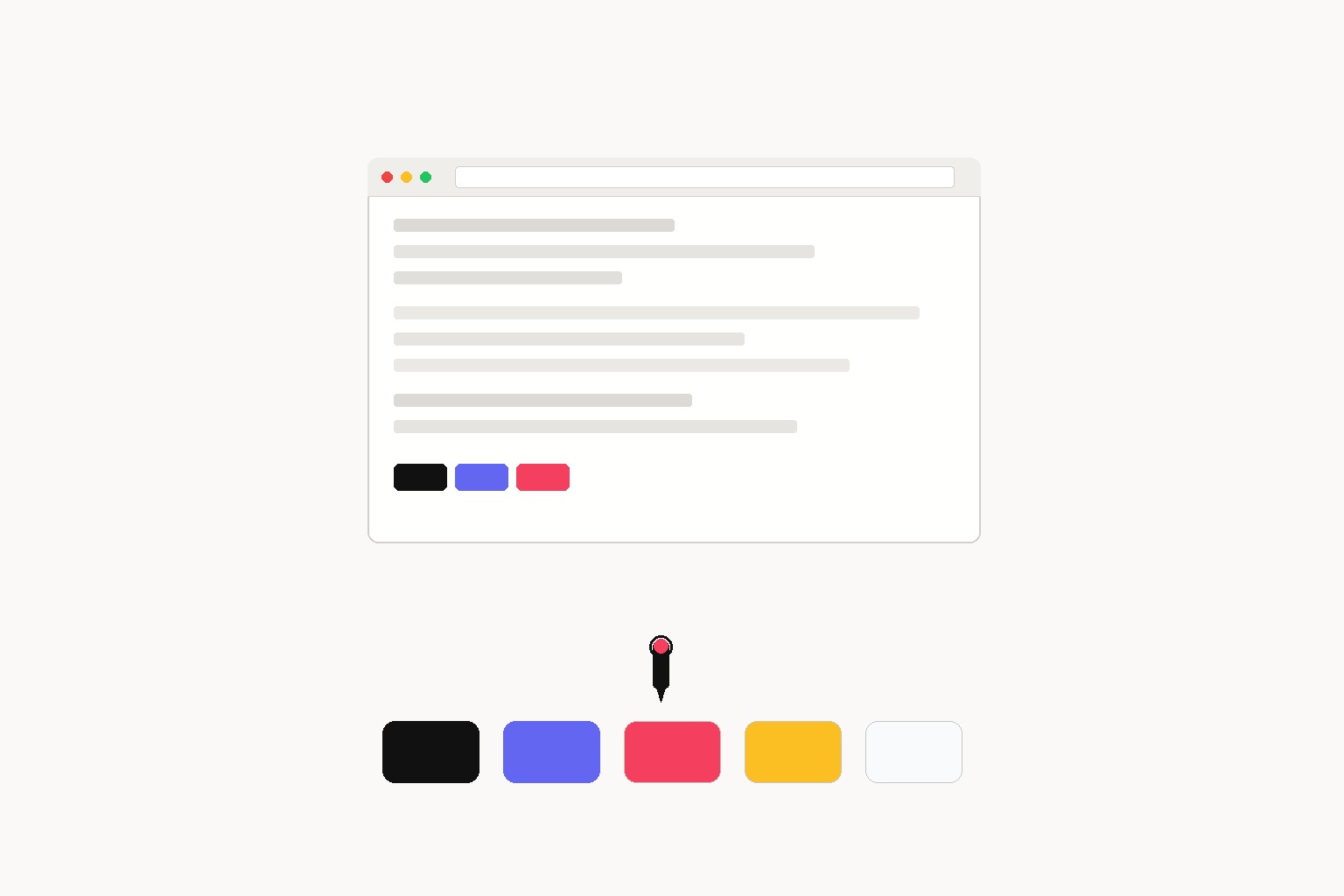 Eyedropper tool pulling color samples from a browser window with color swatches, editorial illustration on cream background